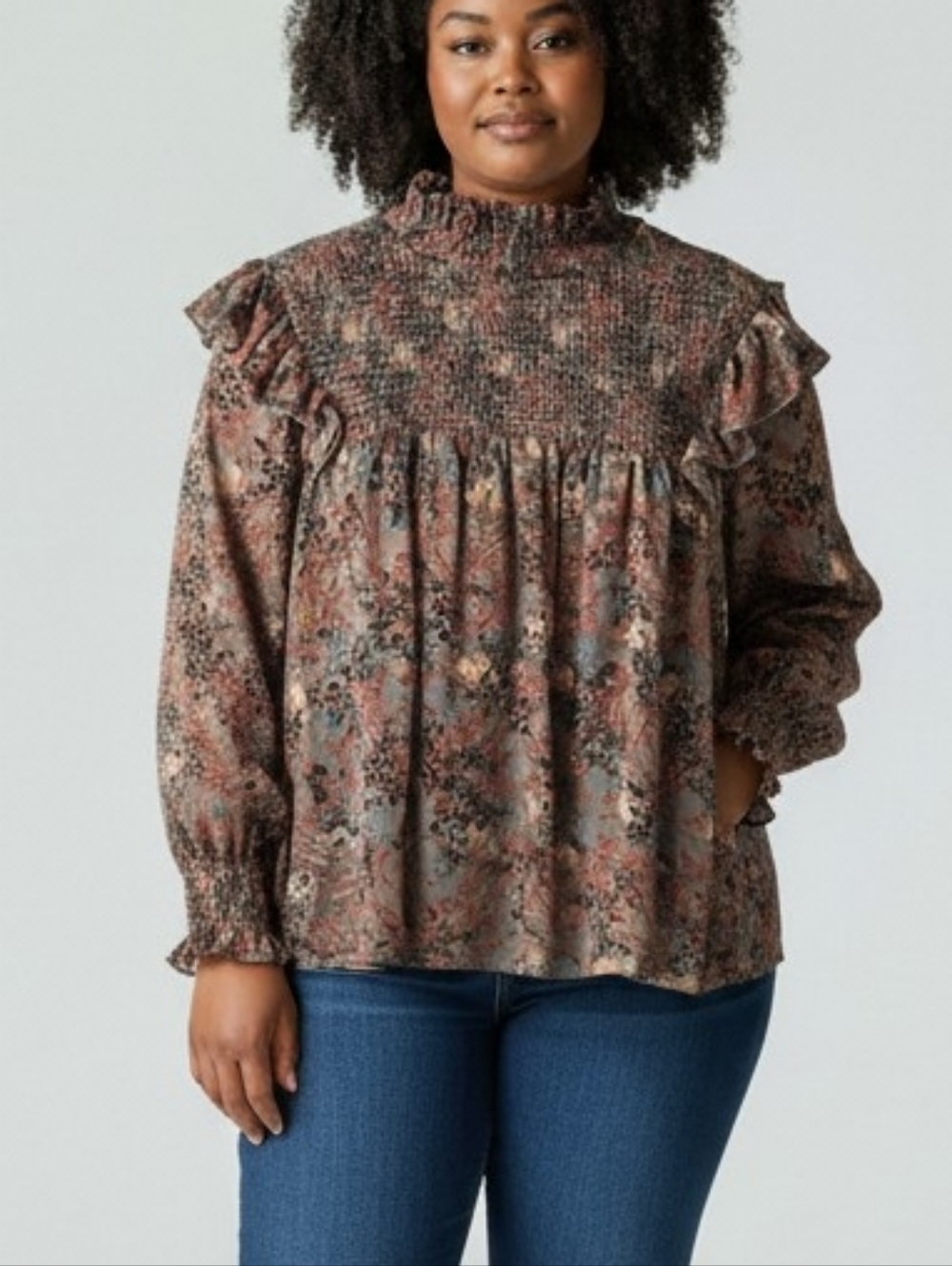 Knox Rose Smocked Floral Ruffle Long-Sleeve Top Boho Top In Taupe Multi Size XXL